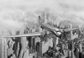 Фотообои Самолет на городом в черно-белом цвете