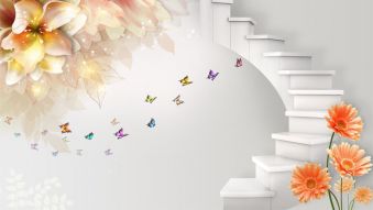 Фреска 3D Лестница с красочными бабочками и цветами