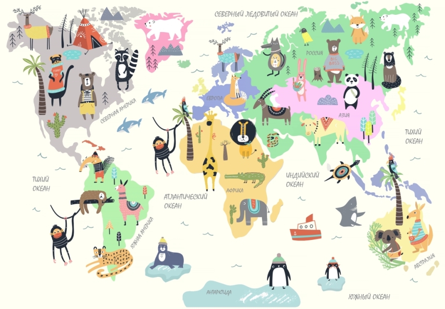 Фотообои Карта мира с животными