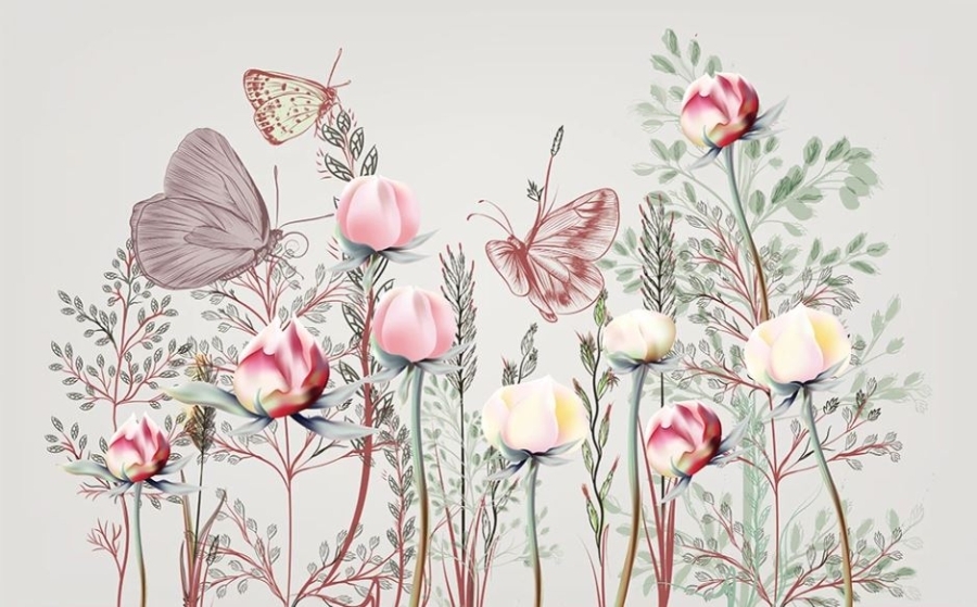 Фреска Бутоны и бабочки на фоне растений